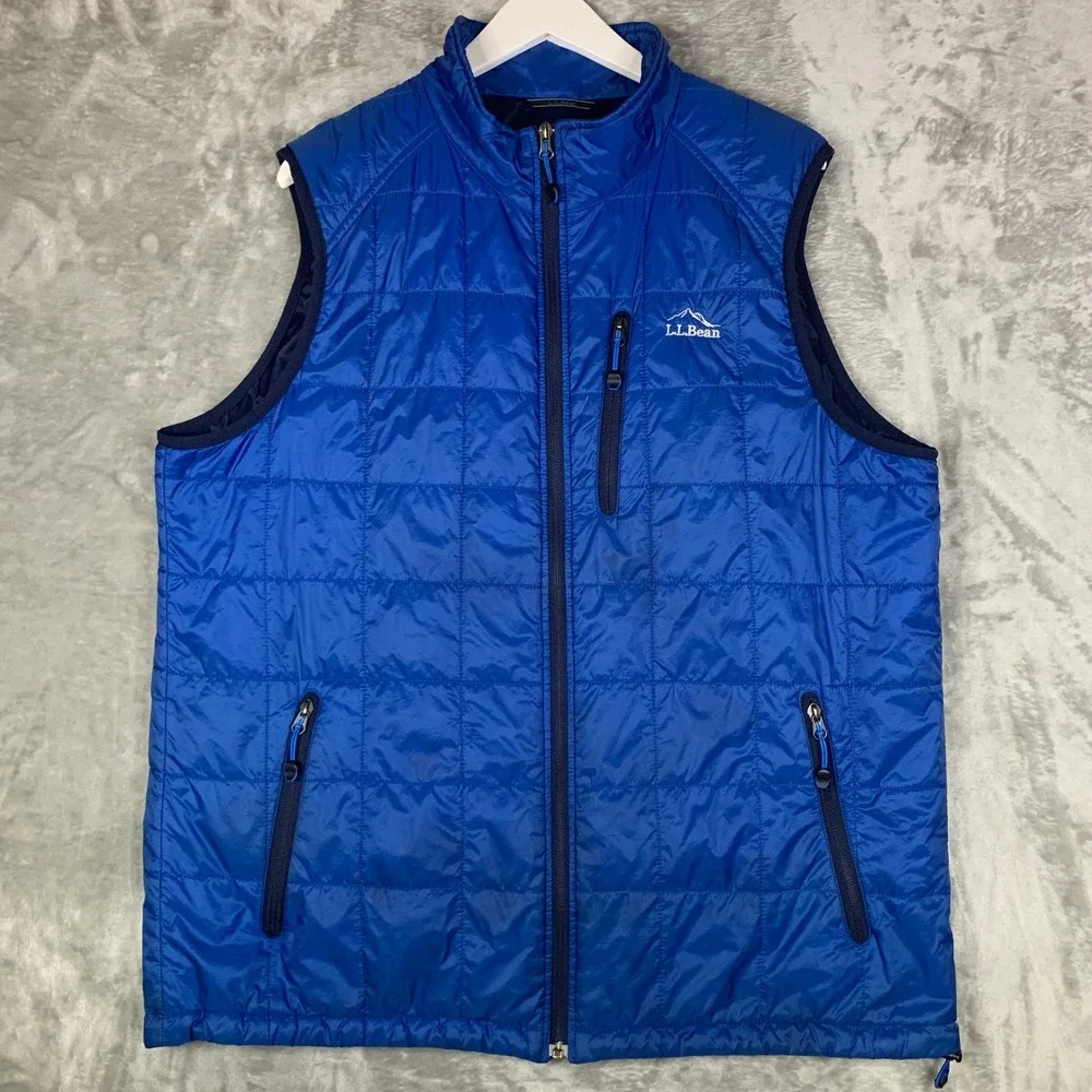 LL Bean Primaloft Packaway Vest Mens XL Tall Quilted Blue Full Zip Outdoor Hike‎